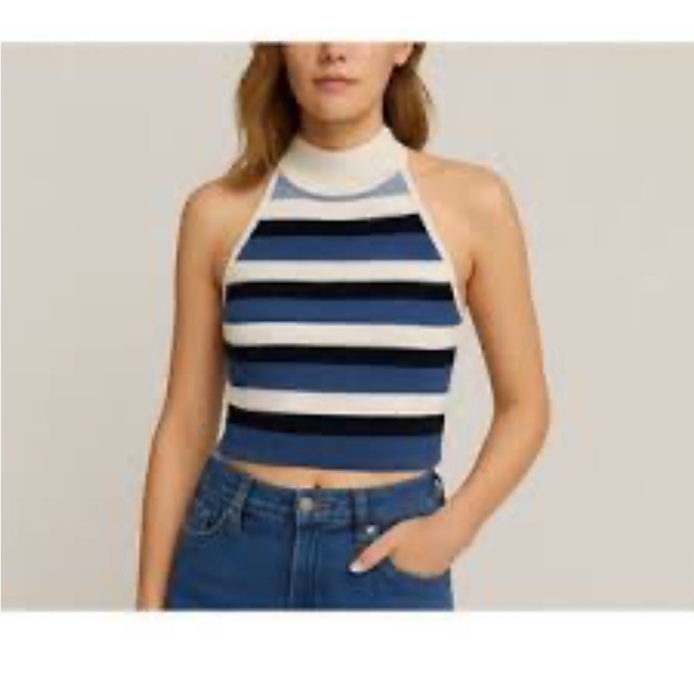 Aritzia Babaton Crop Top High Neck Ribbed Striped Blue Black White Sz S